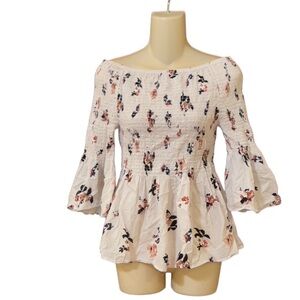 Ivanka Trump Smocked Floral Bell Sleeve Top Light Pink Blue Floral Size …